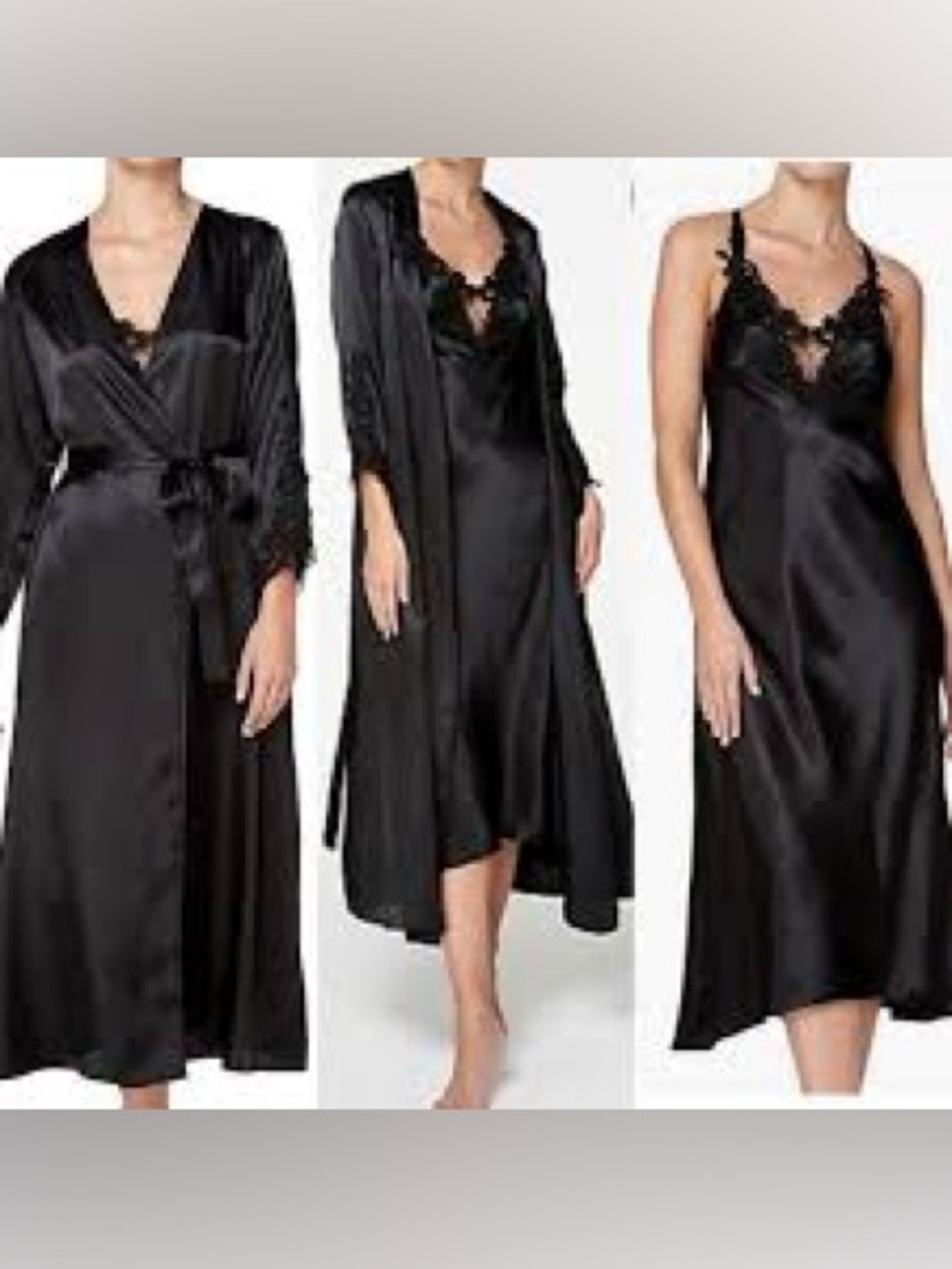 Flora Nikrooz Stella satin venise trim nightgown/robe set L/XL black